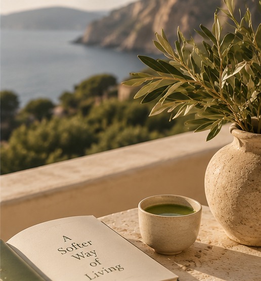 Matcha and olive branches overlooking the coast
